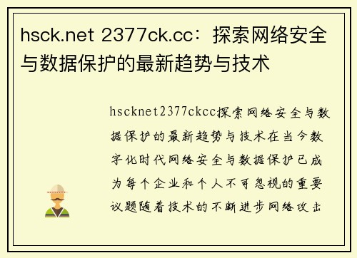 hsck.net 2377ck.cc：探索网络安全与数据保护的最新趋势与技术